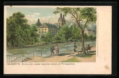 Künstler-Lithographie Edward Theodore Compton: Innsbruck, Blick vom linken Innufer gegen die Pfarrkirche