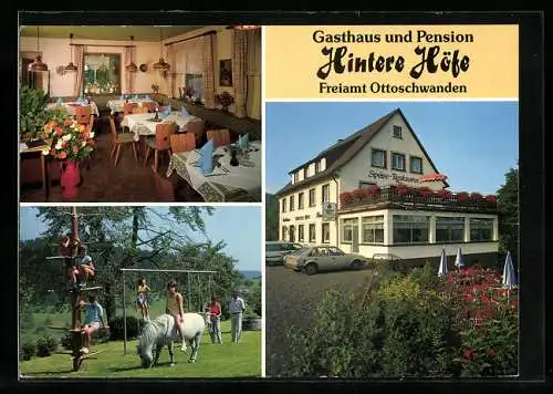 AK Freiamt /Schwarzw., Gasthaus und Pension Hintere Höfe v. Matthias Ziebold, mit Innenansicht und Spielplatz, Pony