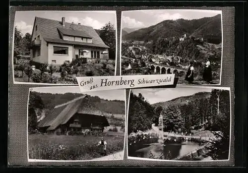 AK Hornberg /Schwarzwald, Pension Haus Elisabeth, Teich mit Fontäne, Gesamtansicht