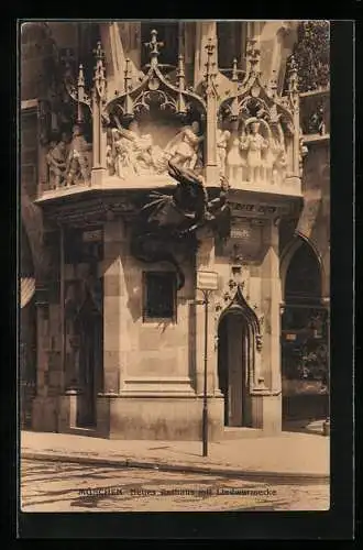 AK München, Neues Rathaus mit Lindwurmecke