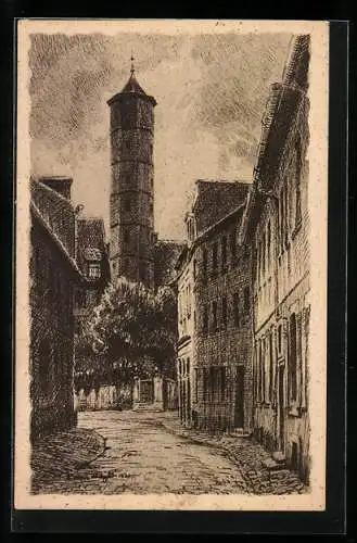 Künstler-AK Schweinfurt, Rosengasse mit Blick zum Schrotturm