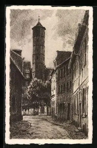 Künstler-AK Schweinfurt, Rosengasse mit Blick zum Schrotturm