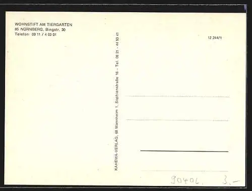 AK Nürnberg, Wohnstift am Tiergarten, Eingang mit Theatertrakt, Bingstr. 30