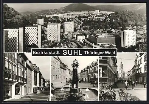 AK Suhl /Thüringer Wald, Ortsansicht und Strassenpartie mit Brunnen