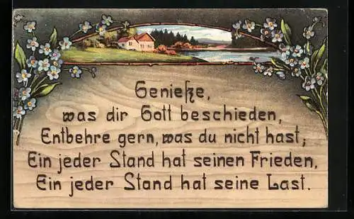 Holzbrand-Imitations-AK Geniesse, was dir Gott beschieden, entbehre gern, was du nicht hast..., Religiöser Spruch