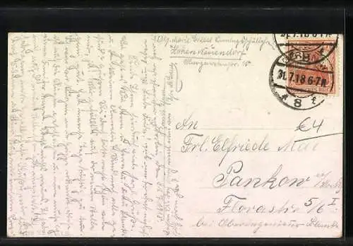 Holzbrand-Imitations-AK Aufruf Verzage nicht!, Bunte Blumen und Palmwedel