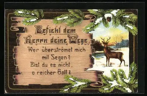 Holzbrand-Imitations-AK Befiehl dem Herrn deine Wege., Religiöser Spruch