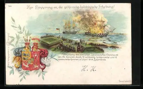 Lithographie Revolution 1848, Schleswig-holsteinische Erhebung, Vernichtung des dänischen Linienschiffes Christian VIII