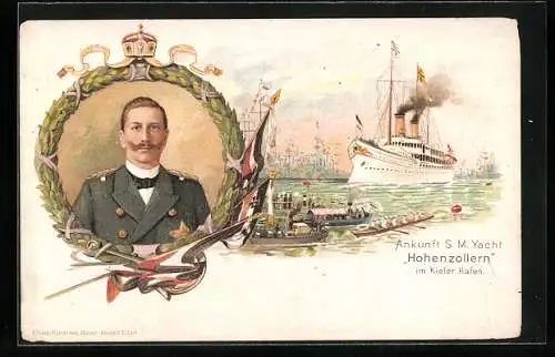 Lithographie Ankunft SM Yacht Hohenzollern im Kieler Hafen, Portrait von Kaiser Wilhelm II.