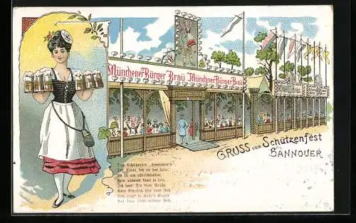 Lithographie Hannover, Münchener Bürger-Bräu-Zelt auf dem Schützenfest, Kellnerin mit Bier