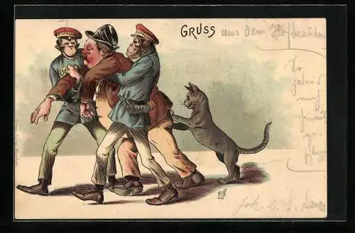 Lithographie Affen und Katze bringen betrunkenen Mann nach Hause, Trinkerhumor