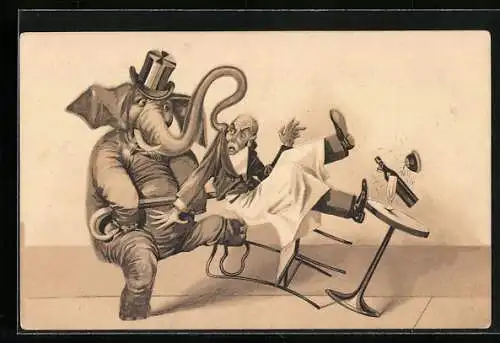 Lithographie Elefant mit Zylinder und Gehstock zieht einen Mann vom Tisch weg