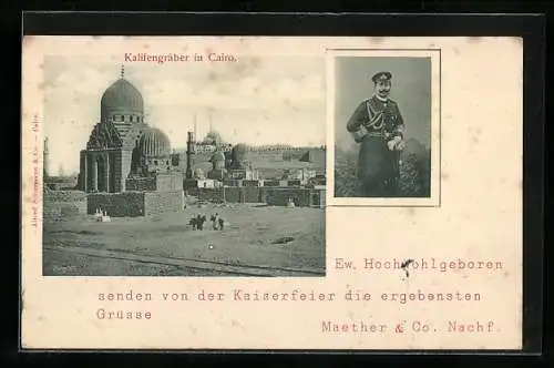 AK Cairo, Kalifengräber und Portrait eines Generals in Uniform