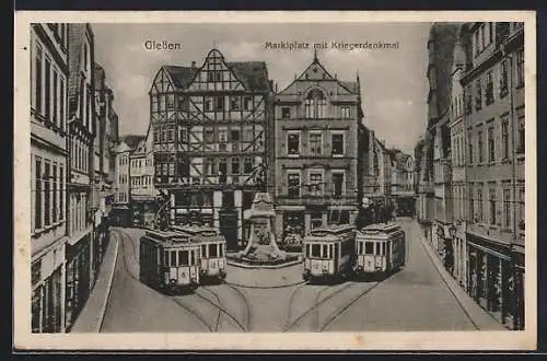 AK Giessen, Marktplatz mit Kriegerdenkmal und Strassenbahn