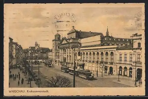 AK Warschau, Krakauervorstadt, Strassenpartie mit Strassenbahn