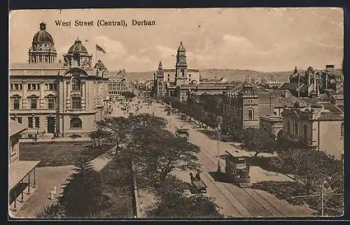 AK Durban, West Street with Tram, Strassenbahn