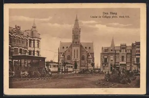 AK Den Haag, Louise de Coligny plein, Kerk VII, Strassenbahn