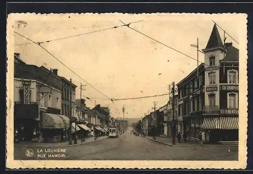 AK La Louvière, Rue Hamoir, Strassenbahn