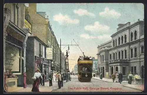 AK Croydon, The Public Hall, George Street, Strassenbahn