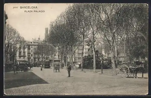 AK Barcelona, Plaza Palacio, Strassenbahn