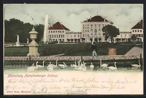 AK München, Schloss Nymphenburg mit Fontäne u. Schwänen