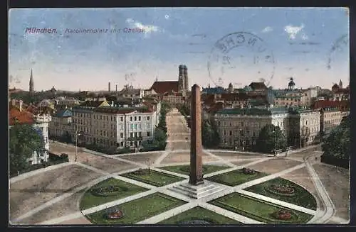 AK München, Karolinenplatz mit Obelisk aus der Vogelschau