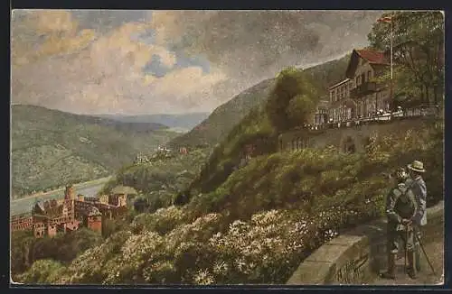 Künstler-AK H. Hoffmann: Heidelberg, Molkenkur mit Blick auf Schloss und Neckar