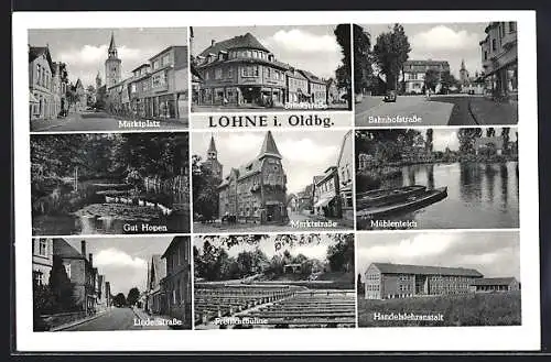 AK Lohne i. Oldbg., Brinkstrasse, Bahnhofstrasse, Handelslehranstalt