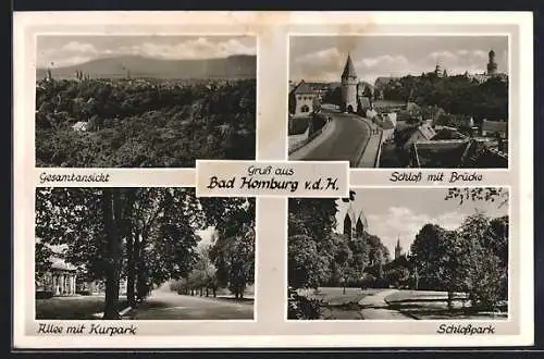 AK Bad Homburg v. d. H., Schloss mit Brücke, Allee mit Kurpark, Gesamtansicht