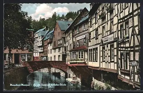 AK Monschau /Eifel, Friedrich-Wilhelm-Brücke mit Gaststätten und Geschäften