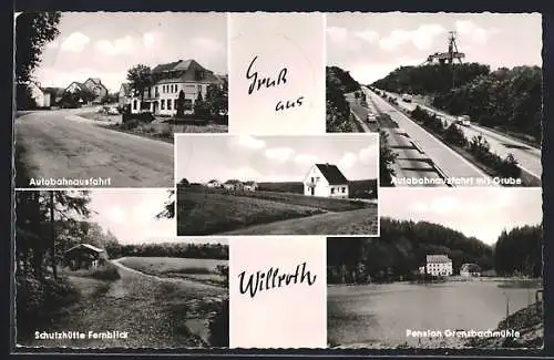 AK Willroth, Autobahnausfahrt mit Grube, Schutzhütte, Lebensmittelhandel H. Schneider