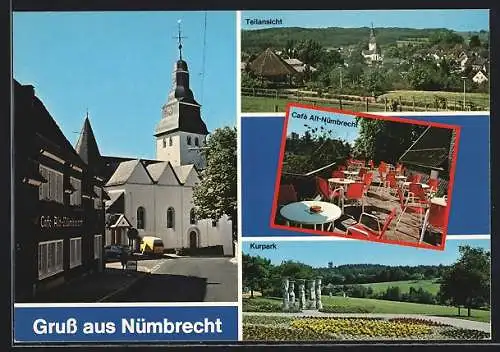 AK Nümbrecht, Café Alt-Nümbrecht v. Dietmar Schmidt und die Kirche, Café-Terrasse, Kurpark