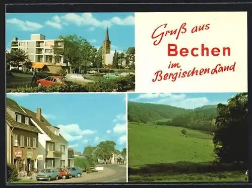 AK Bechen / Bergisches Land, Ortspartie mit Blick zur Kirche, Strassenpartie, Landschaftsbild