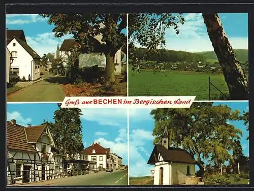 AK Bechen / Bergisches Land, Strassenpartie mit Blick zur Kirche, kleine Kapelle, Fachwerkhaus