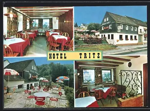 AK Kürten-Waldmühle, Hotel-Restaurant Tritz mit Innenansichten und Terrasse