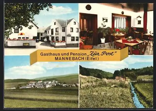 AK Mannebach /Eifel, Gasthaus und Pension Zur Post mit Gaststube, Inh. Fam. Krein-Simon, Ortsansicht