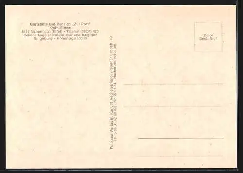 AK Mannebach /Eifel, Gasthaus und Pension Zur Post mit Gaststube, Inh. Fam. Krein-Simon, Ortsansicht