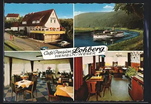 AK Hemeln /Weser, Café-Pension Lohberg mit Innenansichten, Inh. G. Schilling, Raddampfer auf dem Fluss