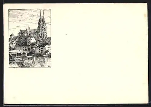 Künstler-AK Regensburg, Ortsansicht mit Dom und Flussbrücke