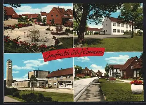 AK Grefrath /Horrem, Spielplatz, Strassenpartie mit Denkmal