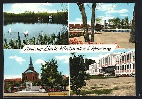 AK Lieck-Kirchhoven, Freibad, Kirche mit Denkmal, See