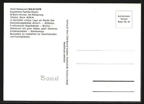 AK Bonn-Holzlar, Hotel-Restaurant Wald-Cafe Fam. Weyler, Am Rehsprung