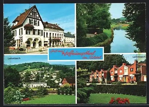 AK Hoffnungsthal /Sülztal, Gasthaus Lindenhof Blech, Ortsansicht u. Reihenhäuser Lehmbach, Flusspartie