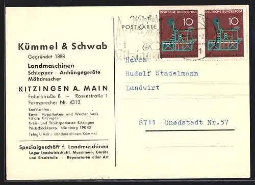 AK Kitzingen a. M., Landmaschinenhandel Kümmel & Schwab, Korrespondenzkarte