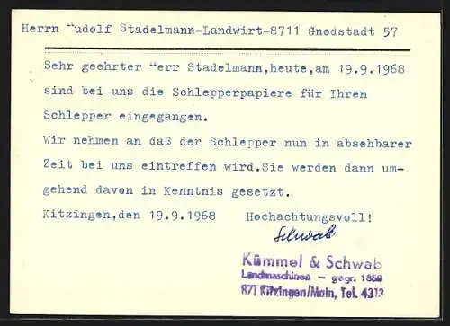 AK Kitzingen a. M., Landmaschinenhandel Kümmel & Schwab, Korrespondenzkarte