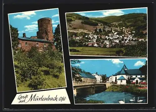 AK Mürlenbach /Eifel, Brückenpartie m. Kirche, Gesamtansicht, Wehrturm