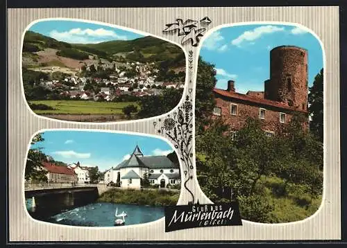 AK Mürlenbach /Eifel, Burgpartie, Brücke, Gesamtansicht