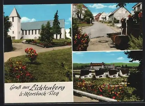 AK Lichtenberg b. Morsbach, Die Kirche, Strassenpartie mit Brunnen, Ortspartie