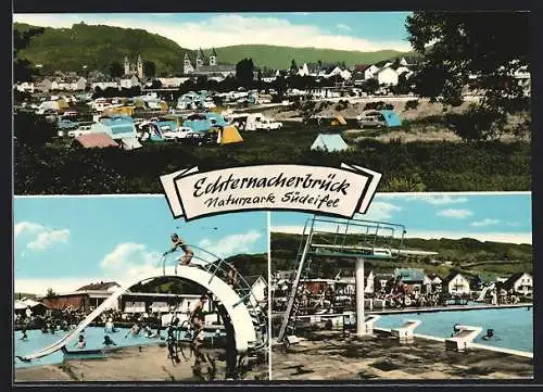 AK Echternacherbrück /Südeifel, Freibad mit Rutsche u. Turm, Zeltplatz mit Ortspanorama