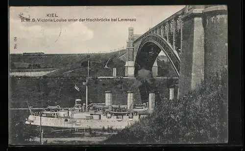 AK Kiel, SMS Victoria Louise unter der Hochbrücke bei Levensau